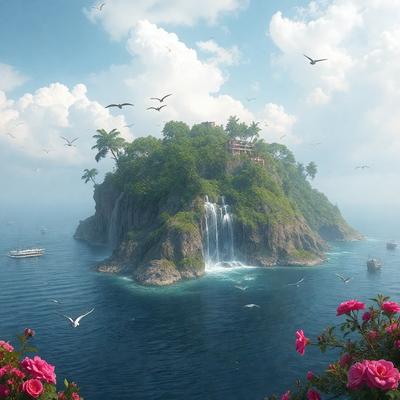 The primary subject of the image is a beautiful island with a waterfall, surrounded by a lush green forest. The island is located in a large body of water, which is the setting for the scene. The visual style of the image is a combination of photo and digital art, creating a realistic yet artistic representation of the island. The colors and mood of the image are vibrant and serene, with the green forest and waterfall adding a sense of tranquility and natural beauty to the scene.